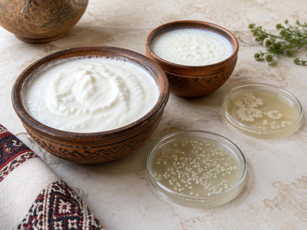 Bowls of traditional Armenian yoghurt beside petri dishes of cultures — Armenian dairy lactobacilli antifungal activity