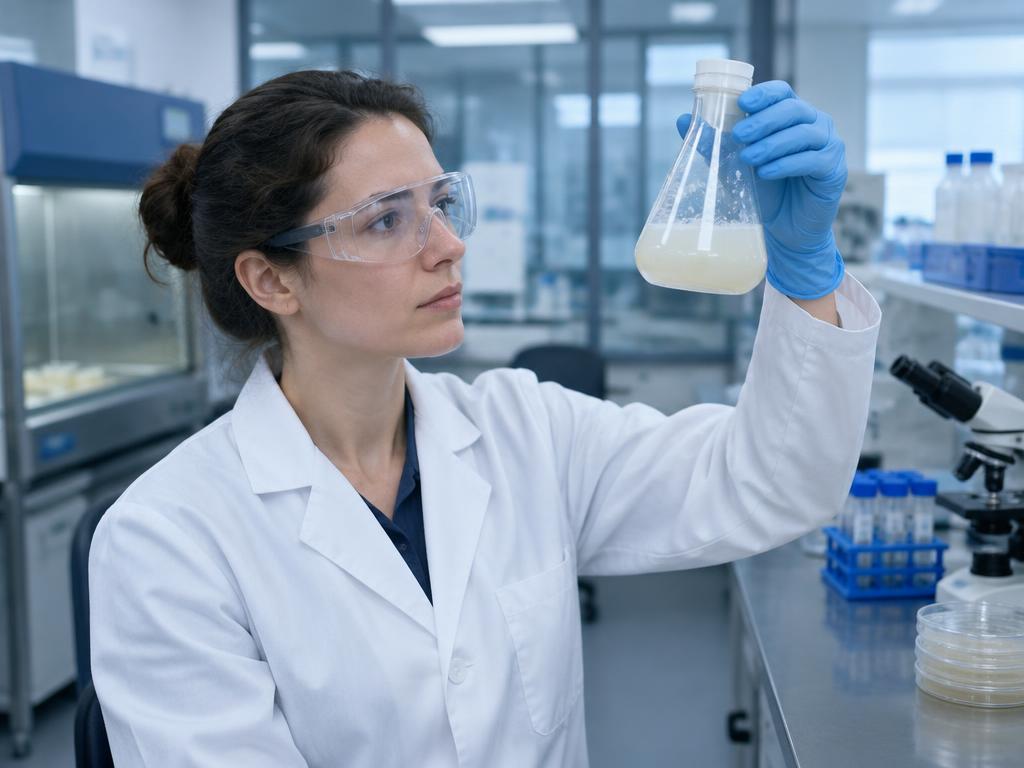 Scientist in a lab examining a flask of lactic-acid bacteria culture — radioprotective studies in Armenia